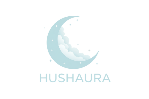 A large crescent moon in a light pastel blue color.

The moon is partially filled with small clouds, giving it a dreamy, serene feel.

Tiny stars are scattered around and inside the crescent, enhancing the nighttime atmosphere.

The entire design is clean, minimalistic, and visually soothing.Below the moon, the word “HUSHAURA” is written in uppercase.

The font is sleek and modern, also in a matching light blue.